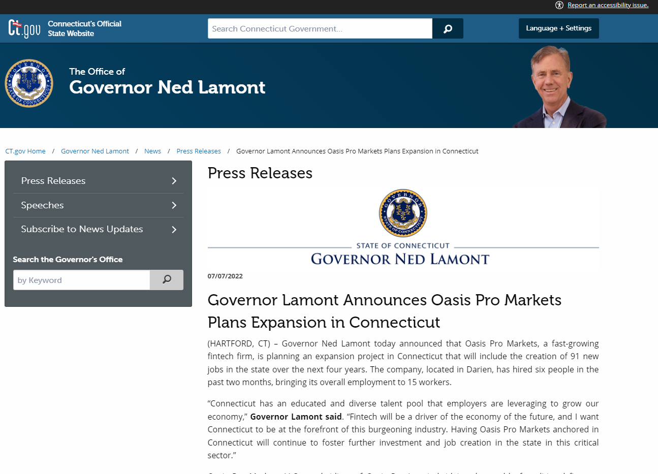 Governor Lamont Announces Oasis Pro Markets Plans Expansion in Connecticut