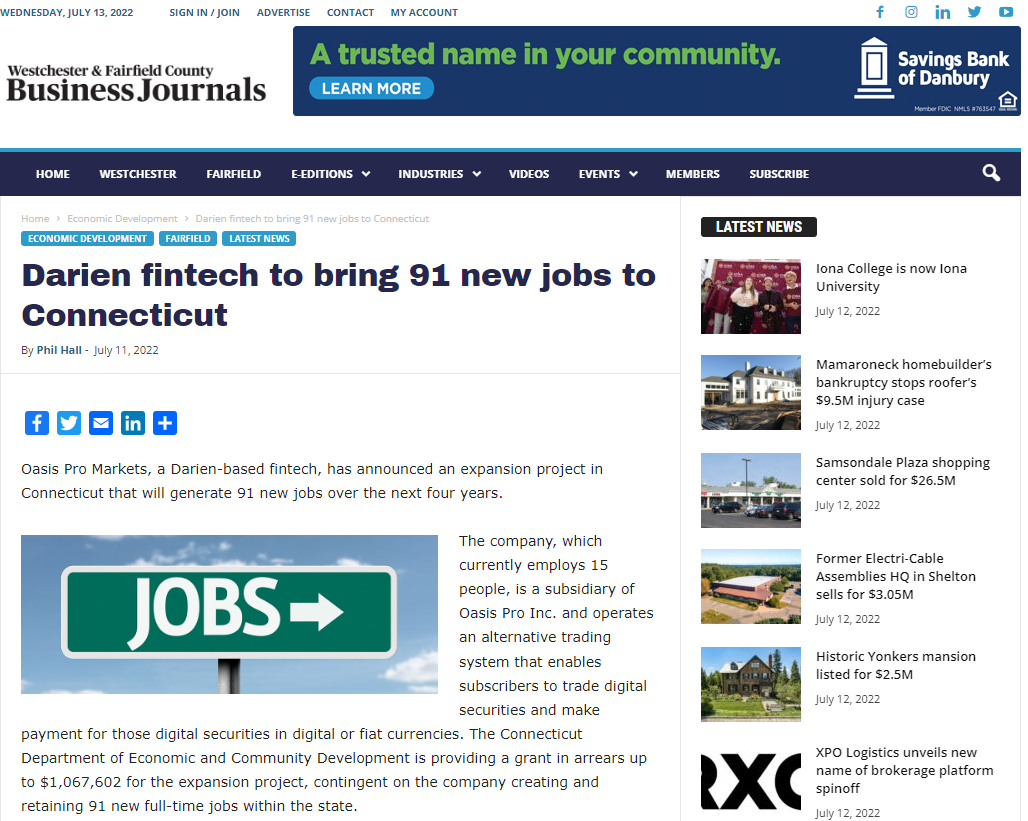 Darien fintech to bring 91 new jobs to Connecticut