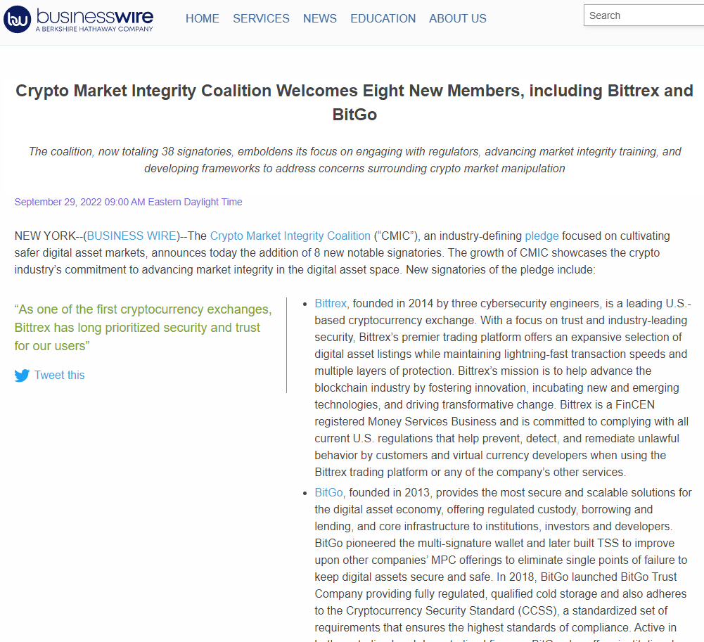Crypto Market Integrity Coalition Welcomes Eight New Members, including Bittrex and BitGo