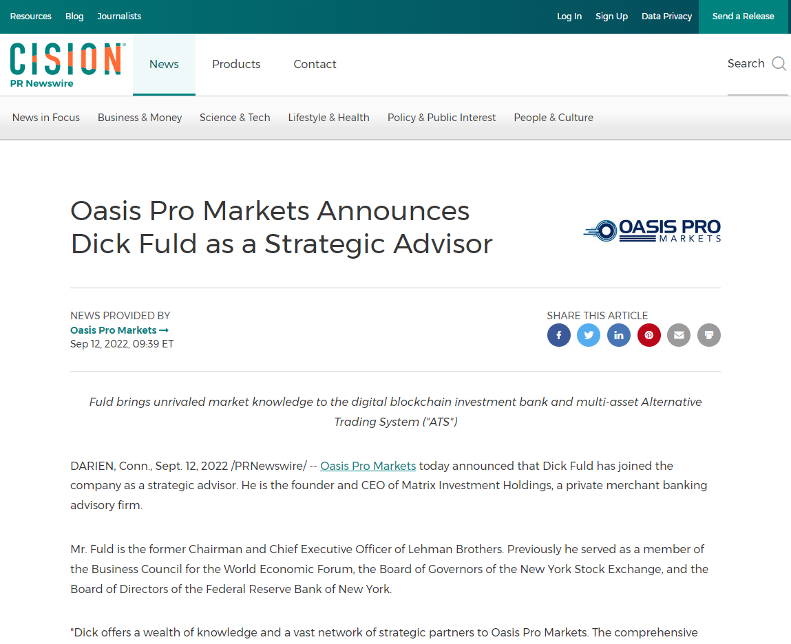 Oasis Pro Markets Announces Dick Fuld as a Strategic Advisor