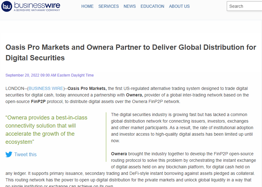 Oasis Pro Markets and Ownera Partner to Deliver Global Distribution for Digital Securities