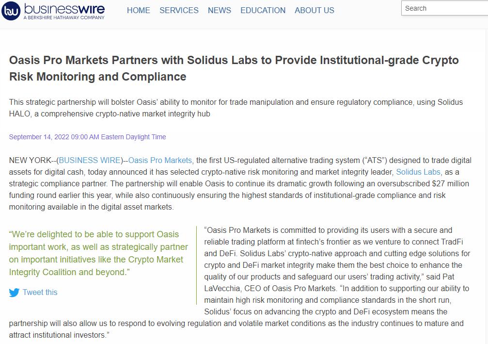 Oasis Pro Markets Partners with Solidus Labs to Provide Institutional-grade Crypto Risk Monitoring and Compliance